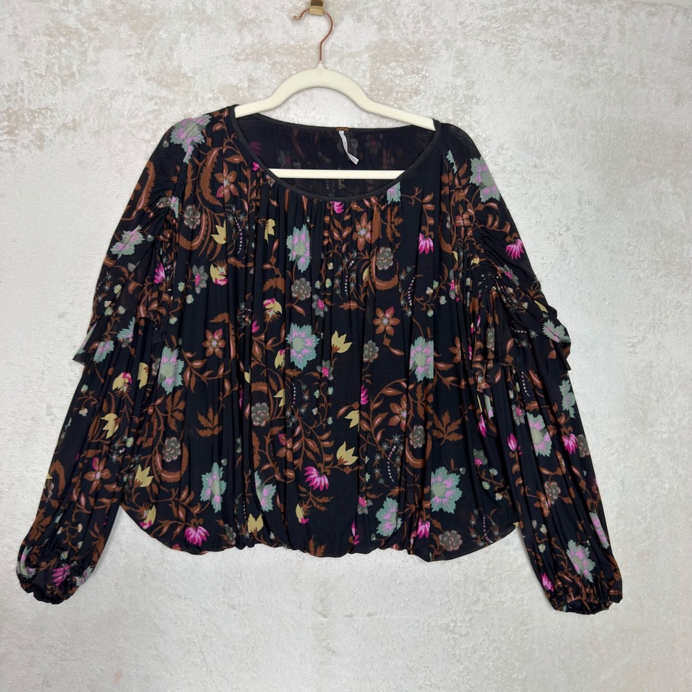 Free People Wildflower Black Floral Mesh Ruffle Long Sleeve Blouson Top Size M